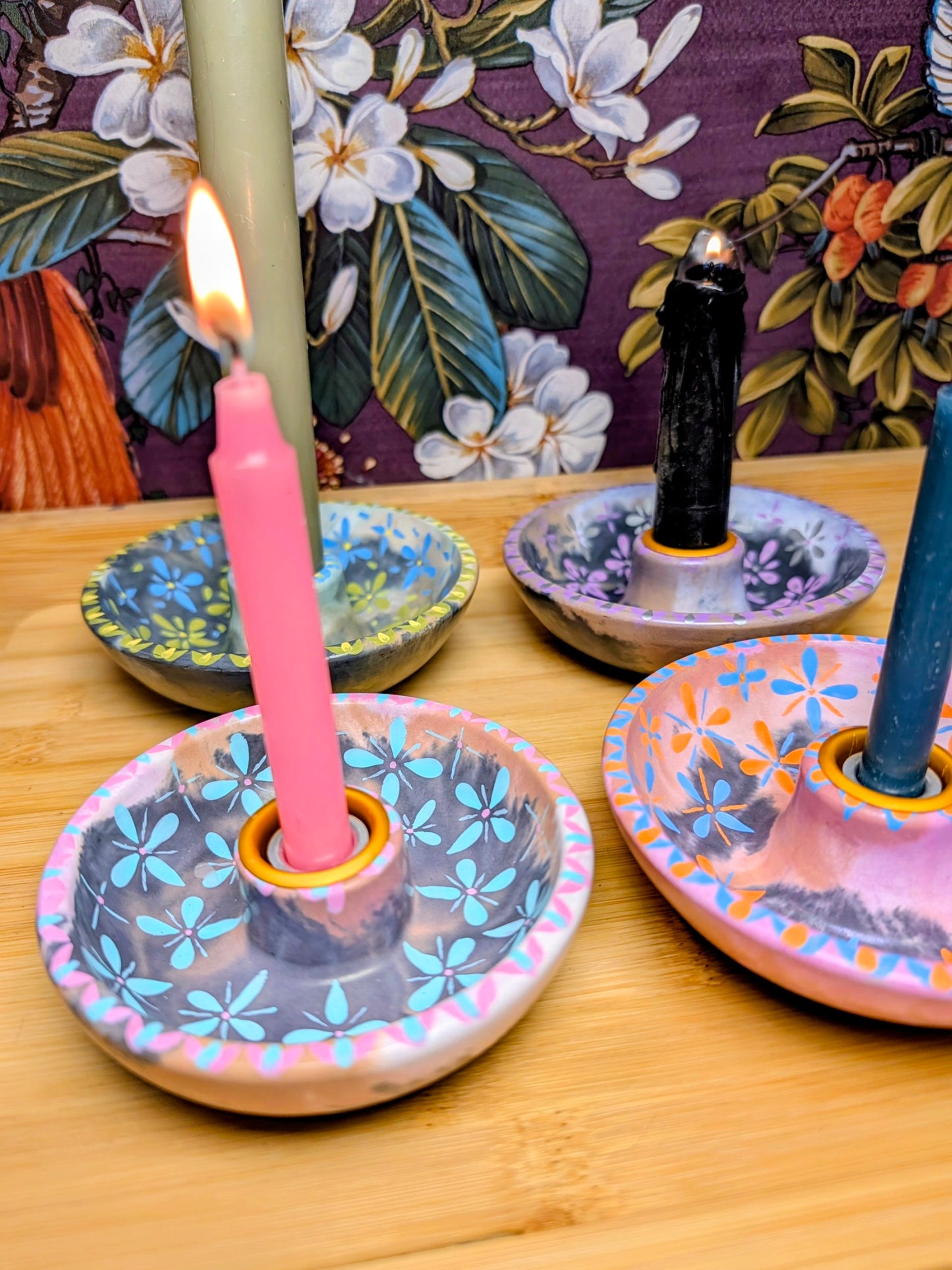 Folk Art Floral Ritual Candle Bowl Holder | Handmade Jesmonite Altar Candle Dish