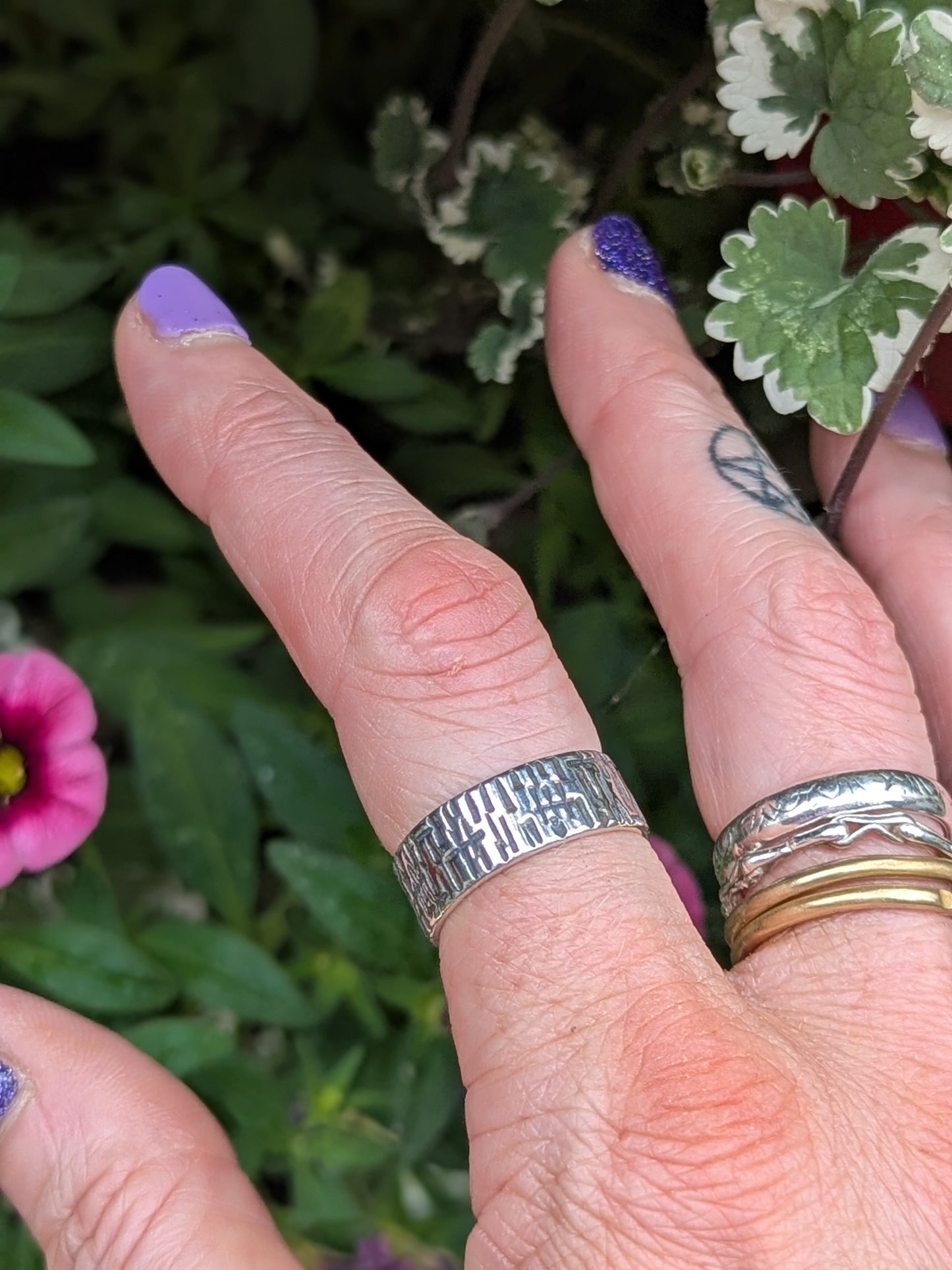 Hammered Texture Chunky 925 Silver Ring. Adjustable UK size N to R