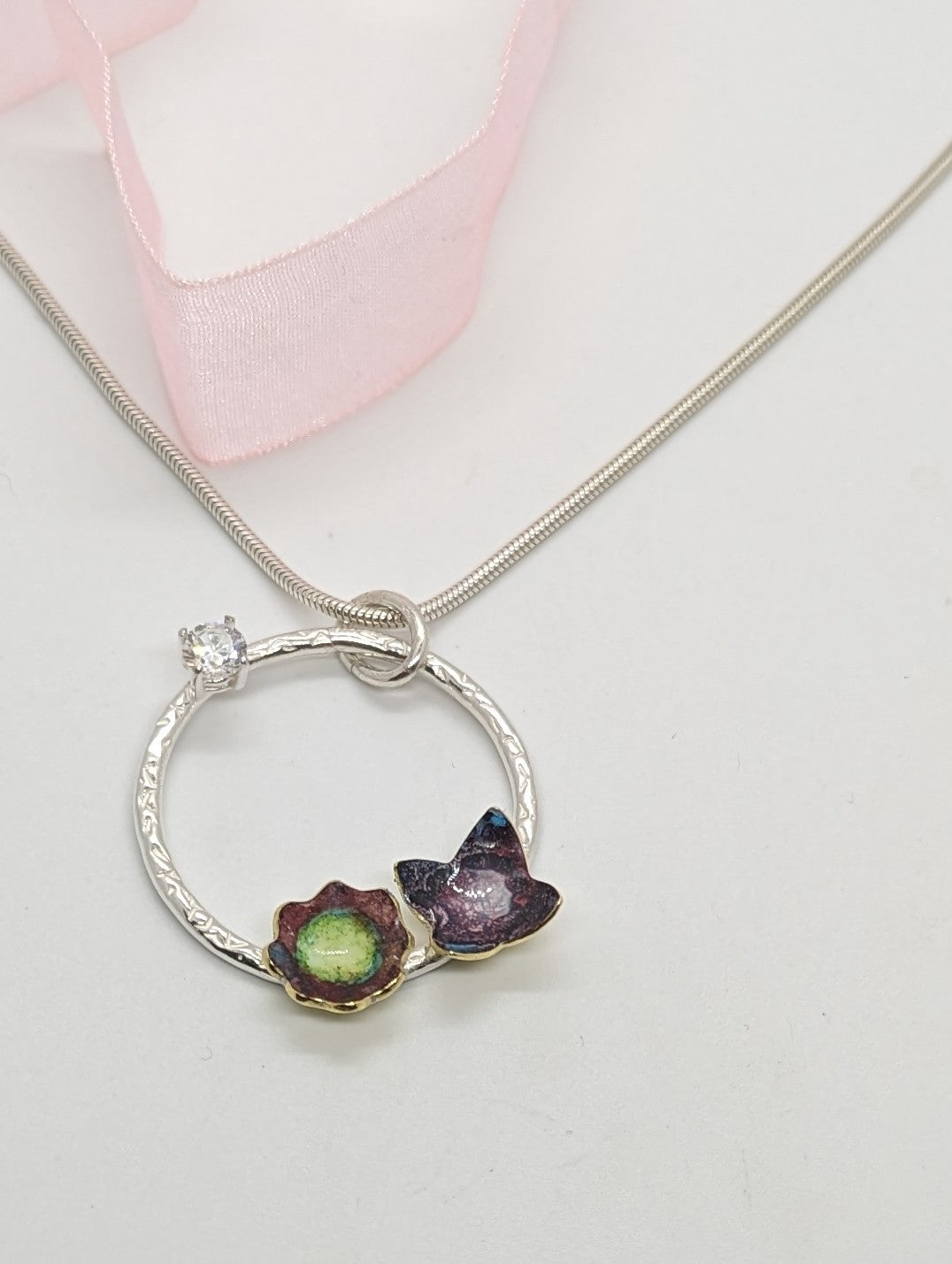 Sterling Silver necklace, with floral enamelled cups with crystal clear cubic zirconia 
