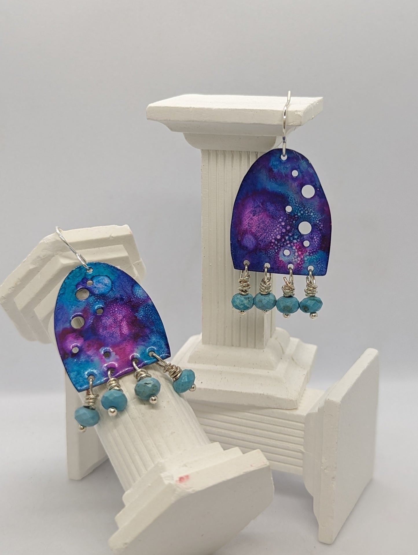 'Royal Harmony' Enamel Earrings with Turquoise Beads and Sterling Silver Earring Hooks.