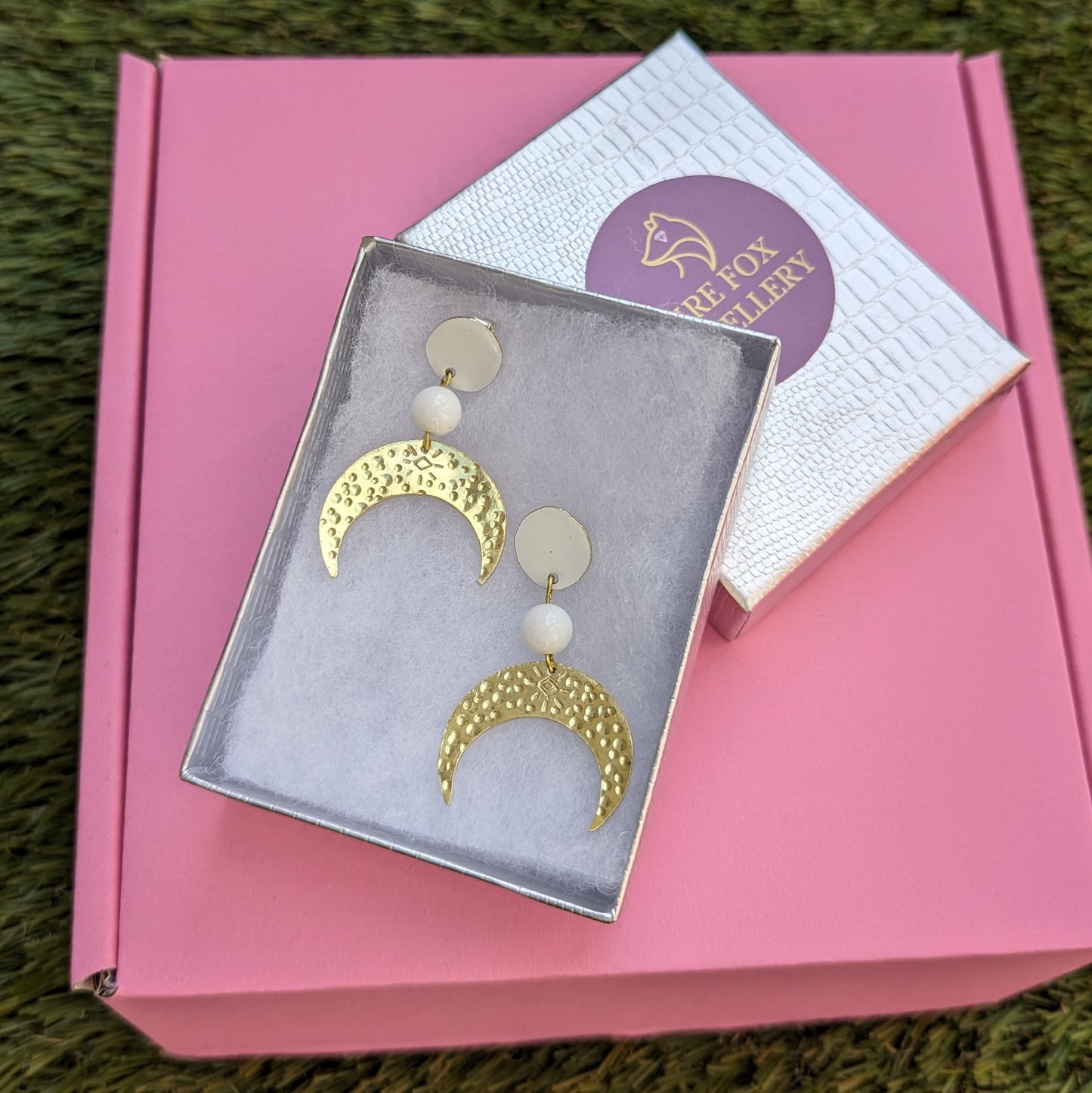 Crescent Moon Earrings with White Jade