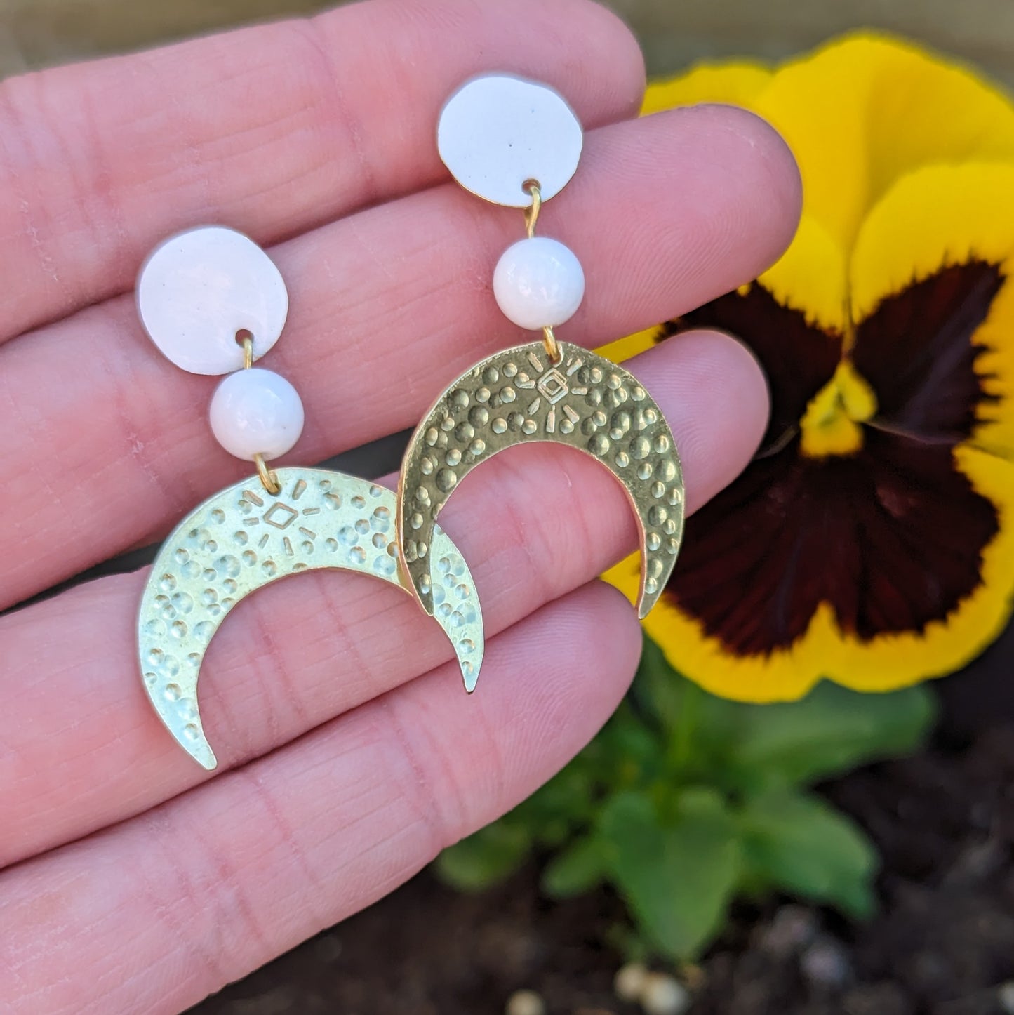 Crescent Moon Earrings with White Jade