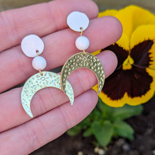 Crescent Moon Earrings with White Jade