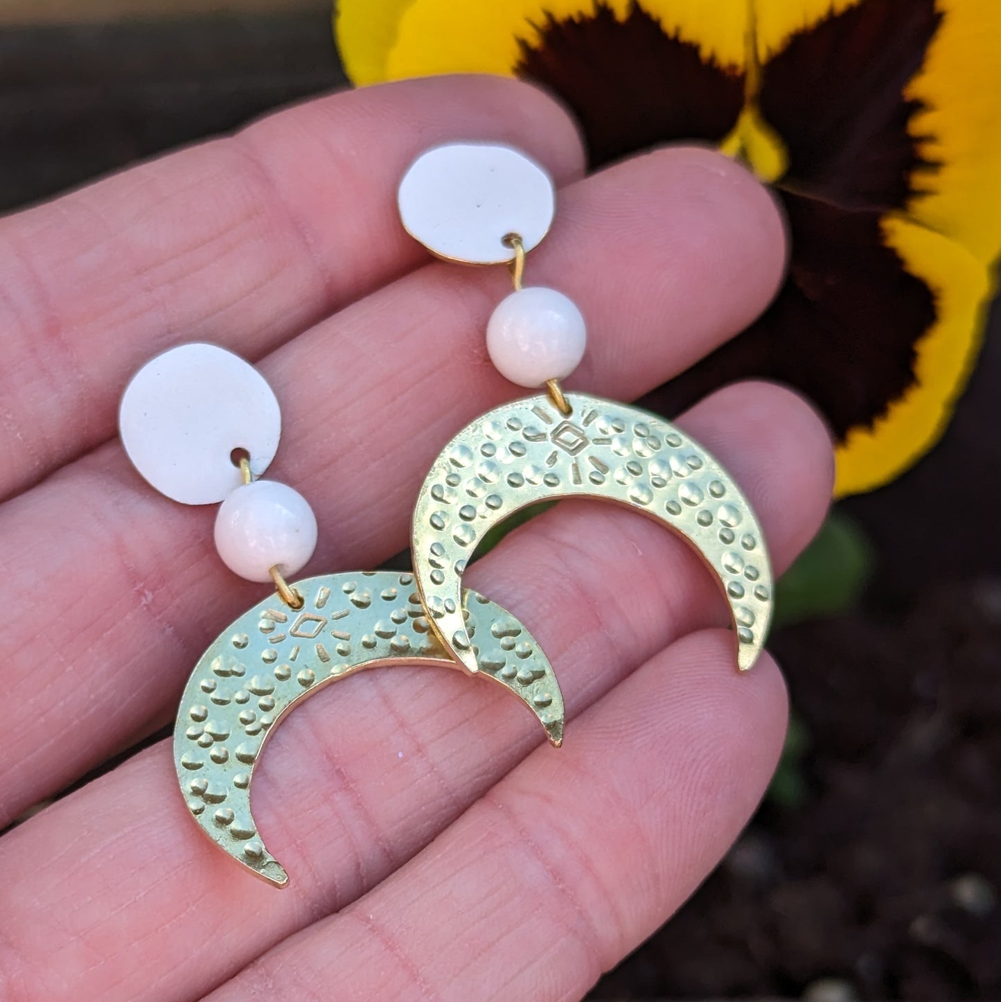 Crescent Moon Earrings with White Jade