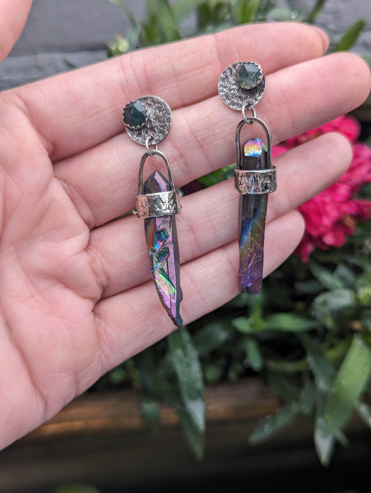 Brutalist Rainbow Quartz Earrings with Moss Agate Studs