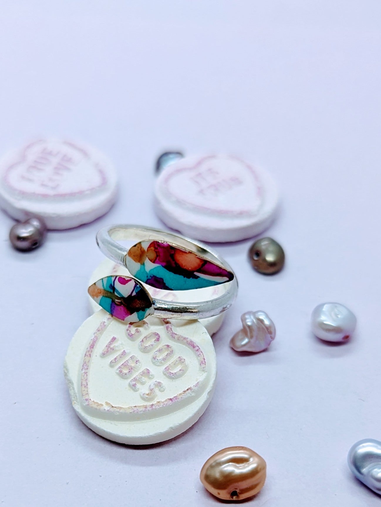 Hot Pink, Forget-Me-Not Blue and Butterscotch, Silver Wrap Around Ring.