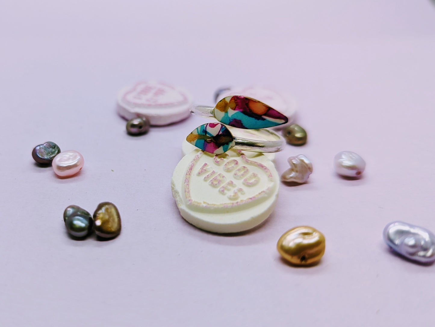 Hot Pink, Forget-Me-Not Blue and Butterscotch, Silver Wrap Around Ring.