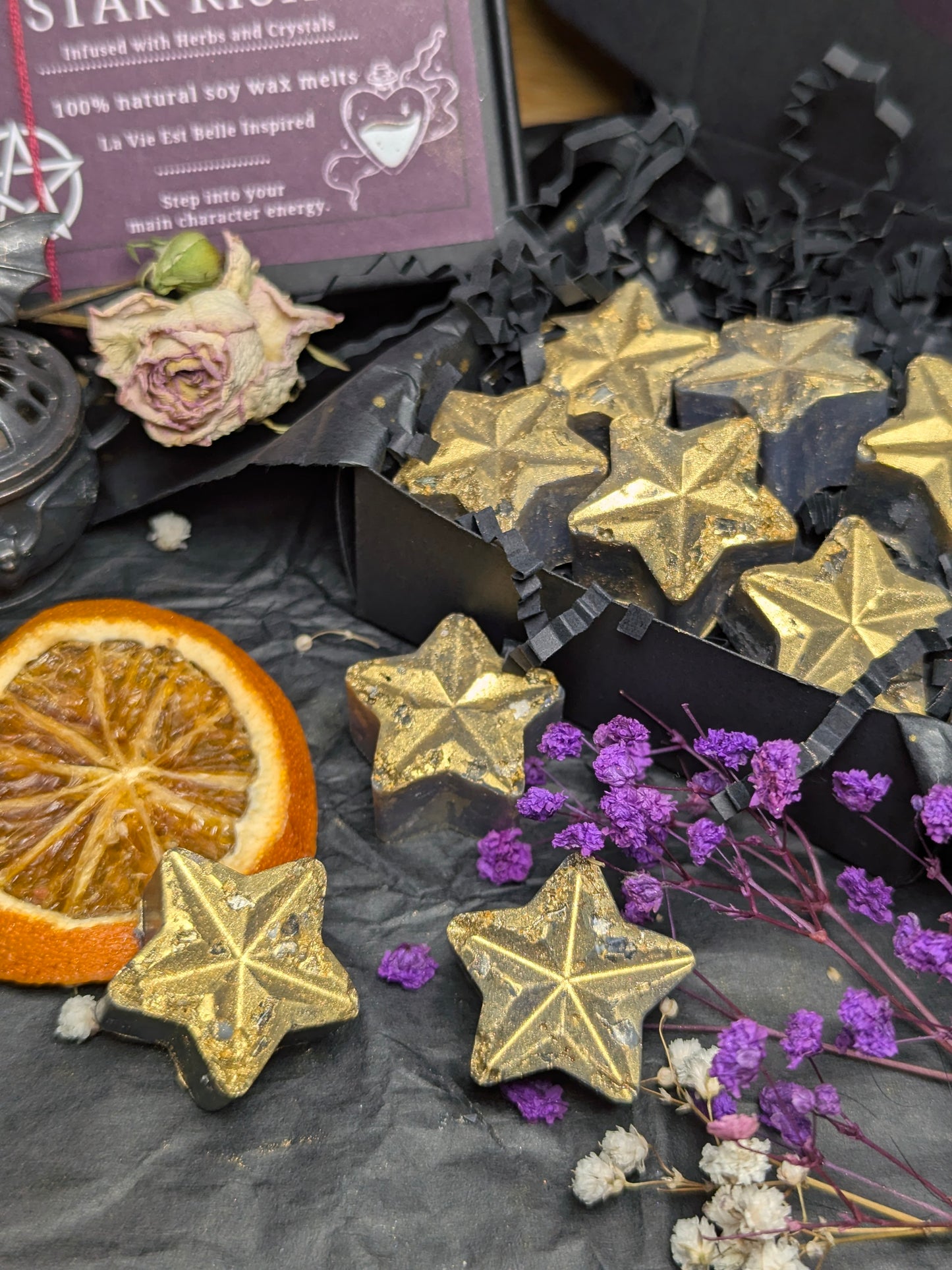 Dark Star Rising Wax Melts Confidence Boosting Infused with Crystals and Botanicals Fragrance Inspired By La Vie Est Belle Gold Star Design