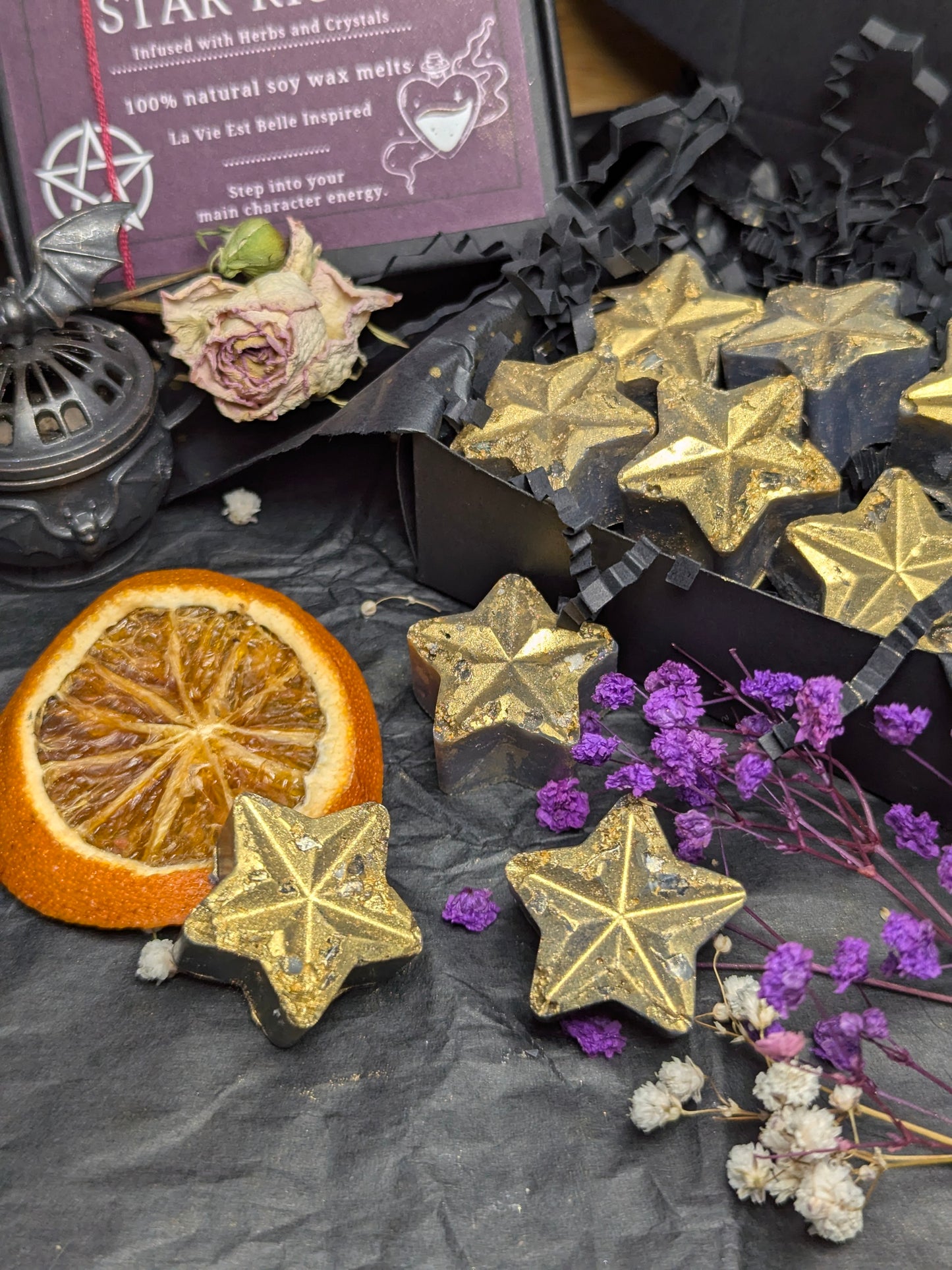 Dark Star Rising Wax Melts Confidence Boosting Infused with Crystals and Botanicals Fragrance Inspired By La Vie Est Belle Gold Star Design