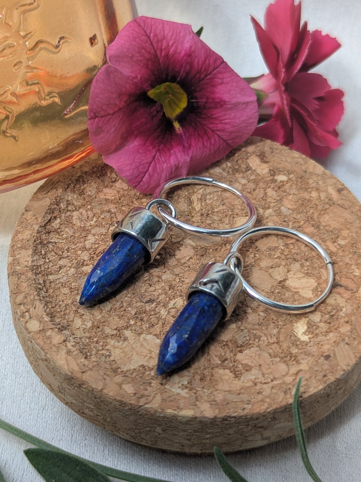 Lapis Lazuli Bullet Crystal Earrings — Sterling Silver Hoops for Truth & Inner Wisdom