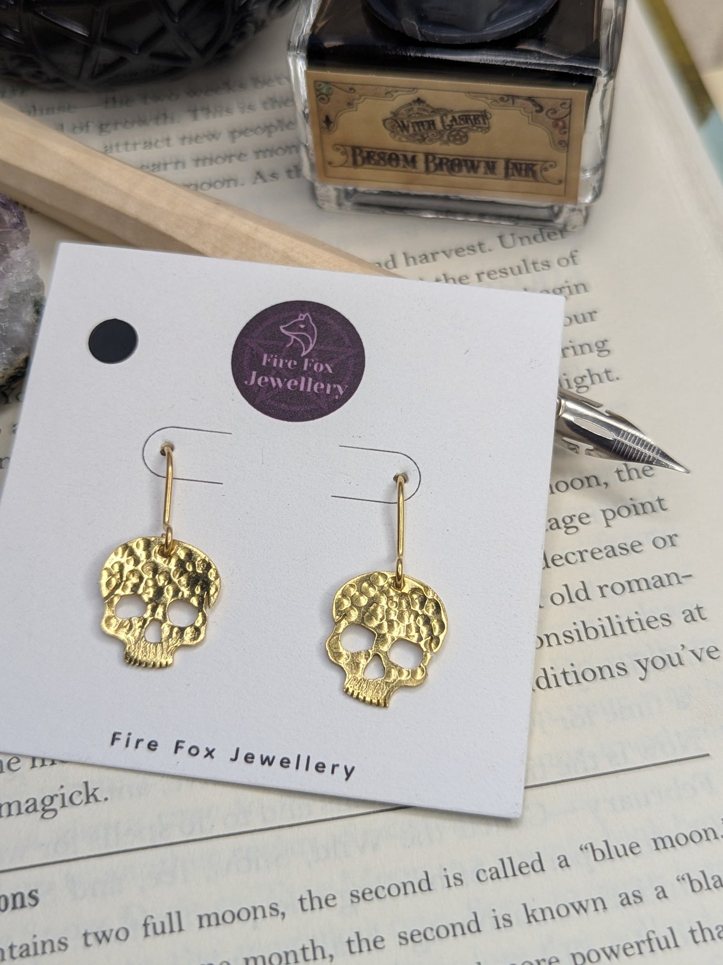 Hammered Brass Skull Earrings: with Gold Plated Hooks