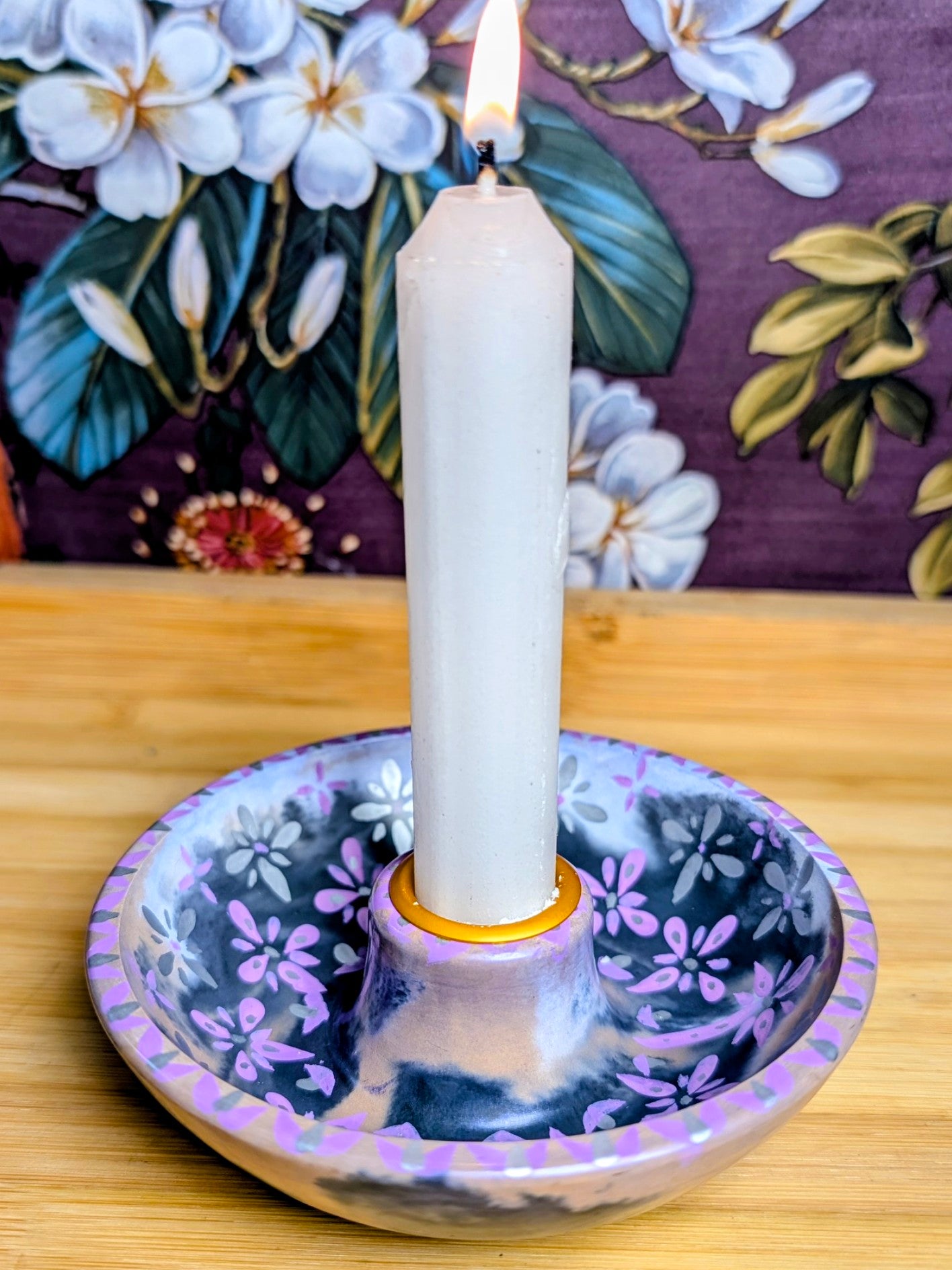 Folk Art Floral Ritual Candle Bowl Holder | Handmade Jesmonite Altar Candle Dish