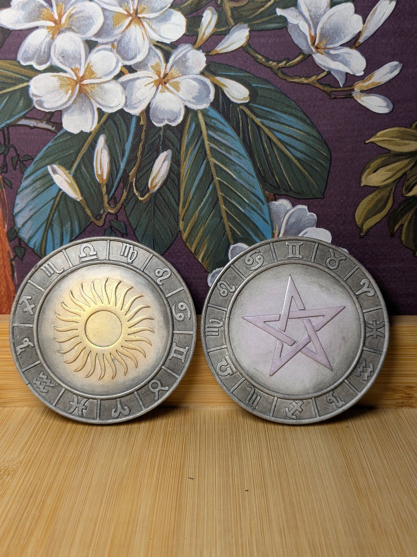 Sun & Pentagram Zodiac Coaster Set - Celestial Pair with 12 Zodiac Symbols Heat Resistant Finish 8.5cm Diameter Ideal for Altar Displays