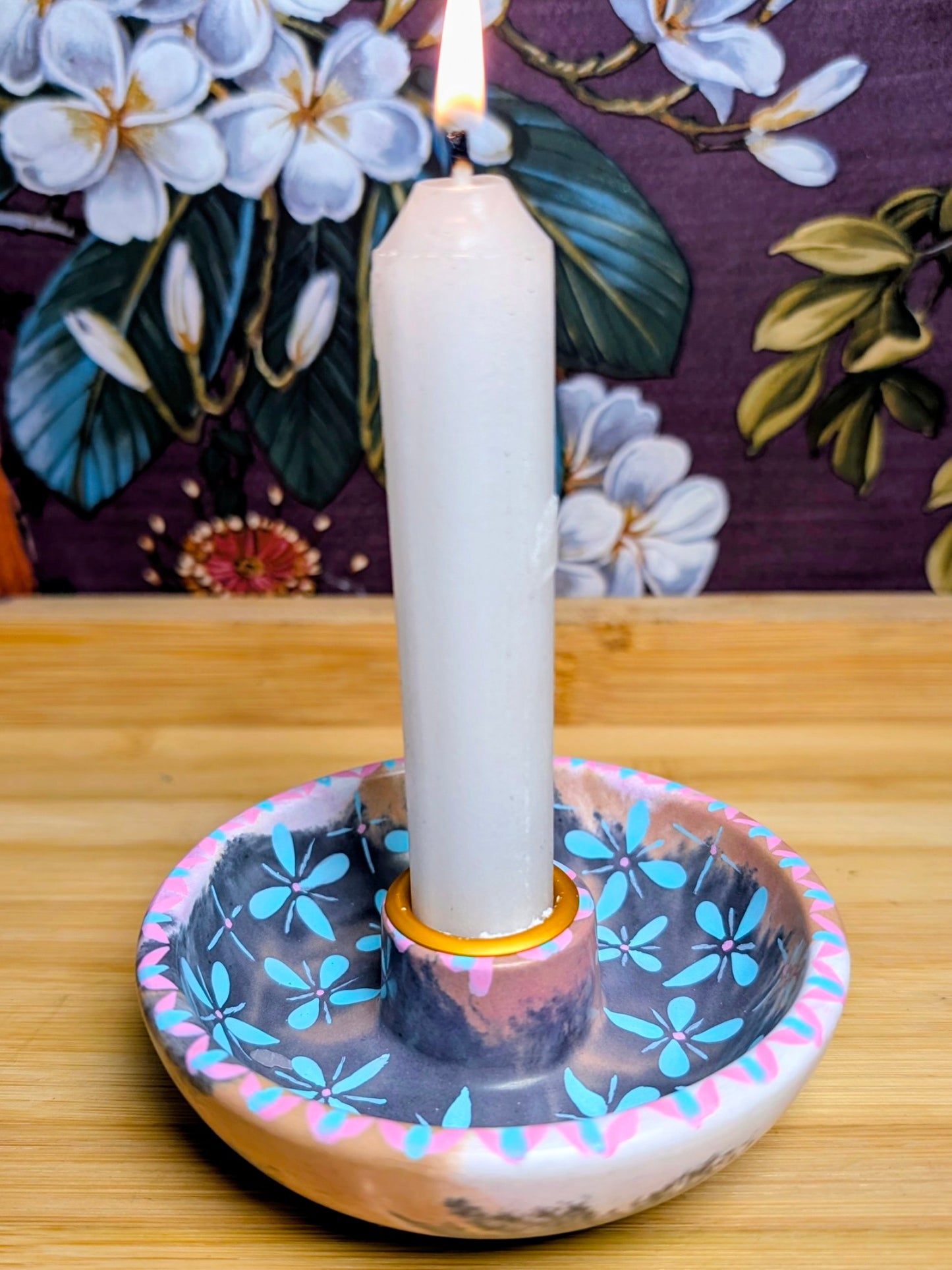 Folk Art Floral Ritual Candle Bowl Holder | Handmade Jesmonite Altar Candle Dish