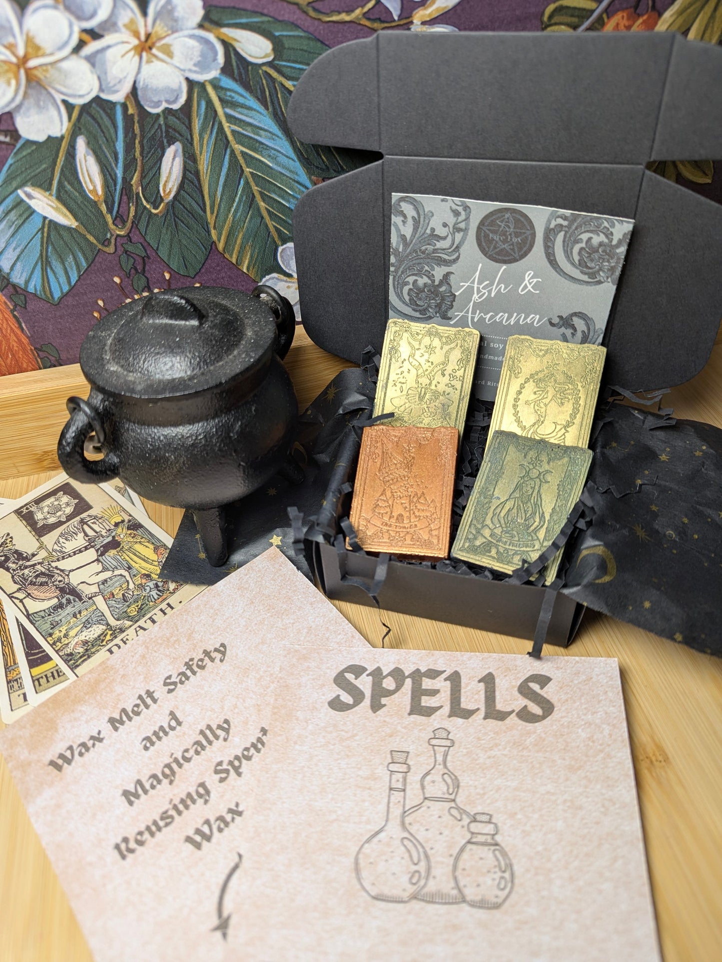 Ash & Arcana | Witchcraft Tarot Wax Melts. Highly Fragrance with Sandelwood and Amber. Includes one Bronze Limited Edition Jesmonite Tarot Card.