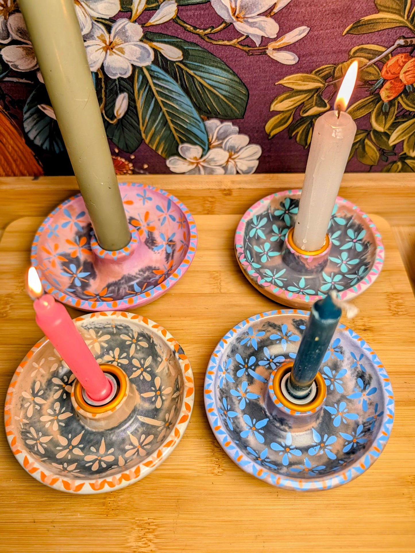 Folk Art Floral Ritual Candle Bowl Holder | Handmade Jesmonite Altar Candle Dish