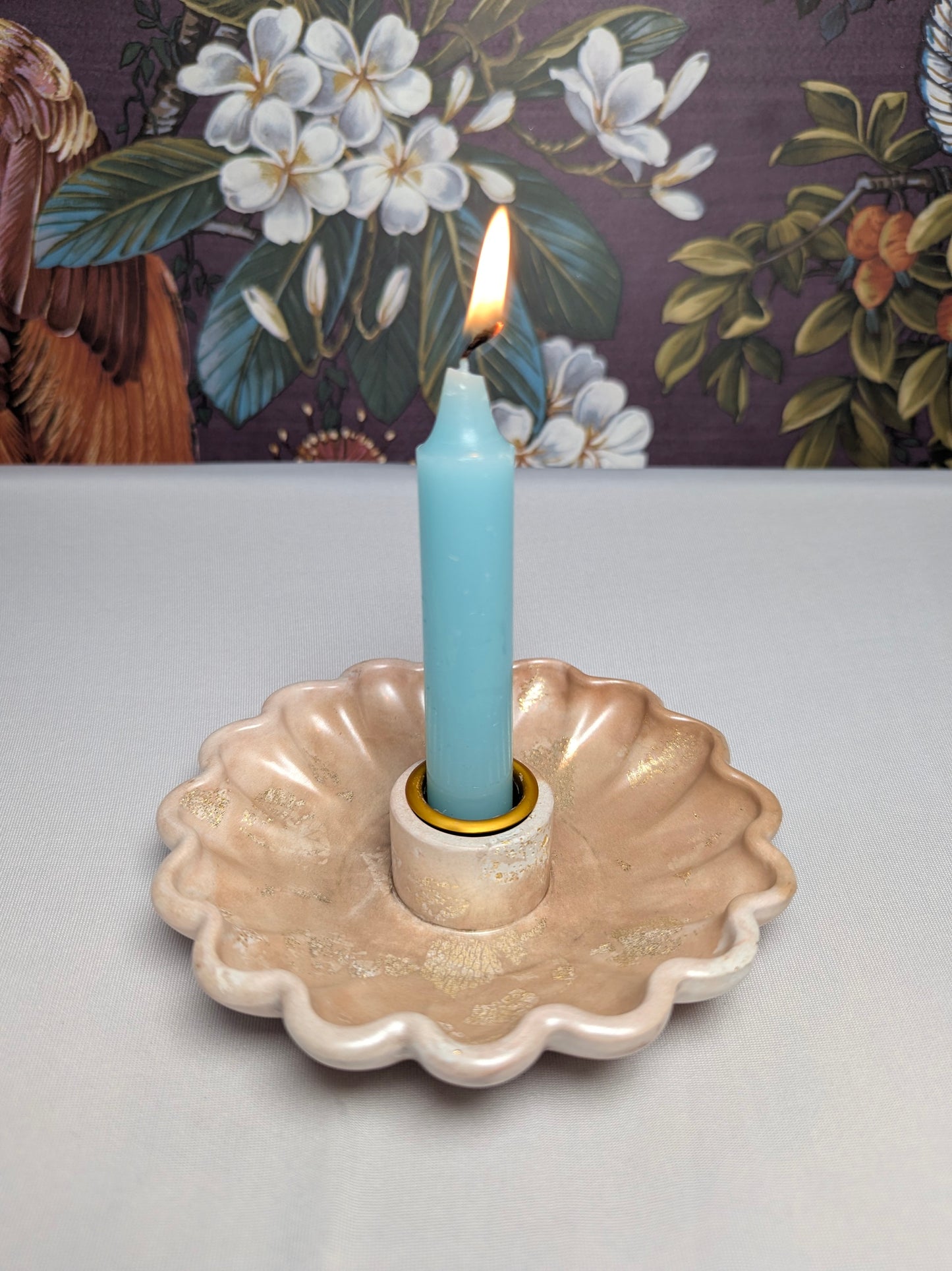 The Dusky Luna Collection Ritual Handmade Candle Holder Bowls in Pink Apricot and Gold with Scallop Designs