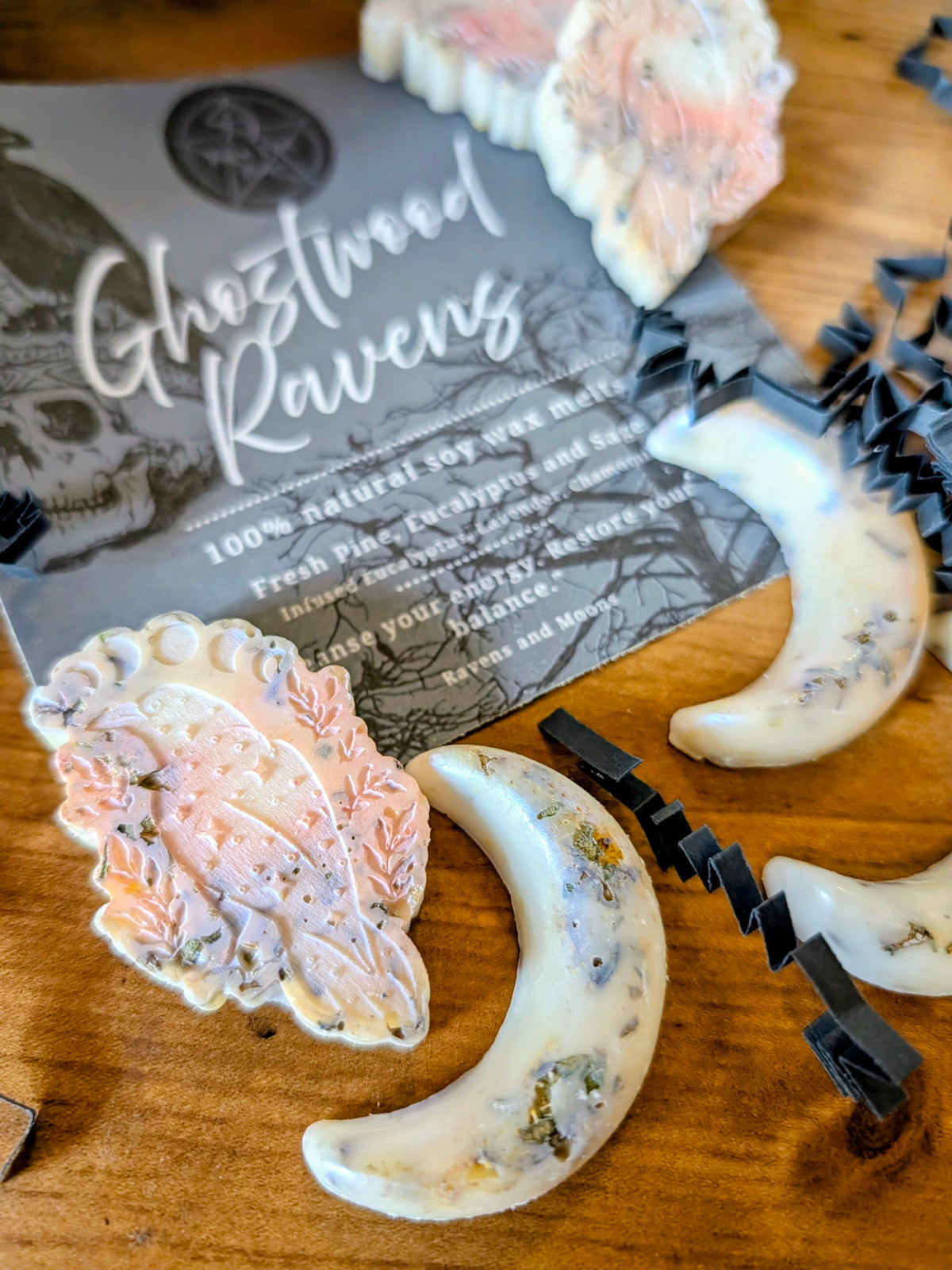 Ghostwood Ravens wax melts. Fragranced Pine, Eucalyptus, Sage