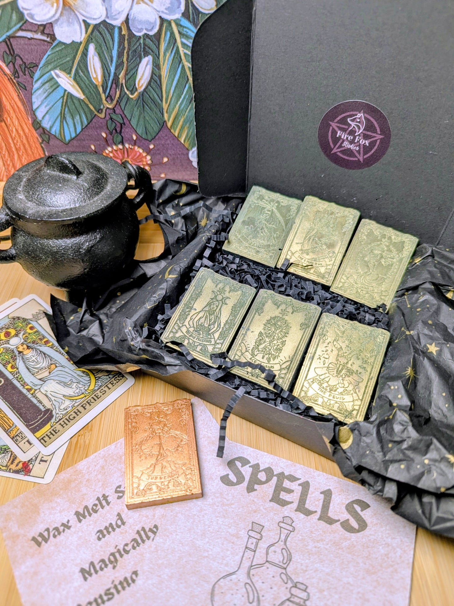 Ash & Arcana | Witchcraft Tarot Wax Melts. Highly Fragrance with Sandelwood and Amber. Includes one Bronze Limited Edition Jesmonite Tarot Card.