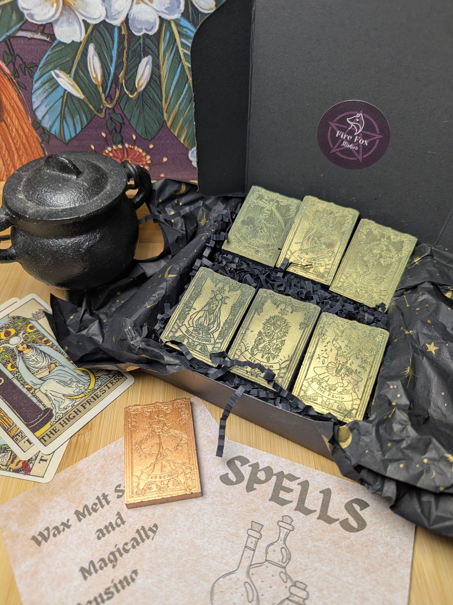 Ash & Arcana | Witchcraft Tarot Wax Melts. Highly Fragrance with Sandelwood and Amber. Includes one Bronze Limited Edition Jesmonite Tarot Card.