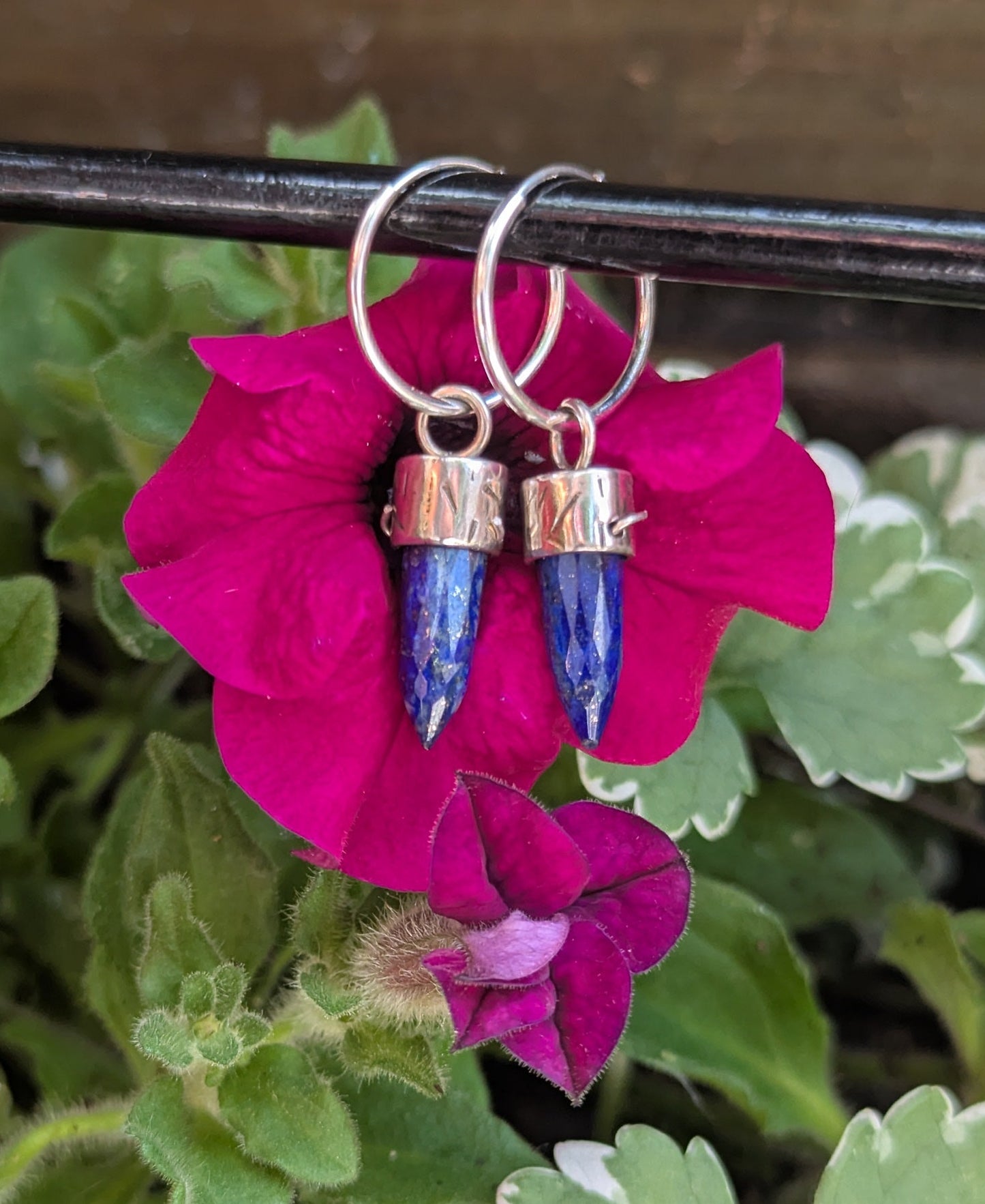 Lapis Lazuli Bullet Crystal Earrings — Sterling Silver Hoops for Truth & Inner Wisdom