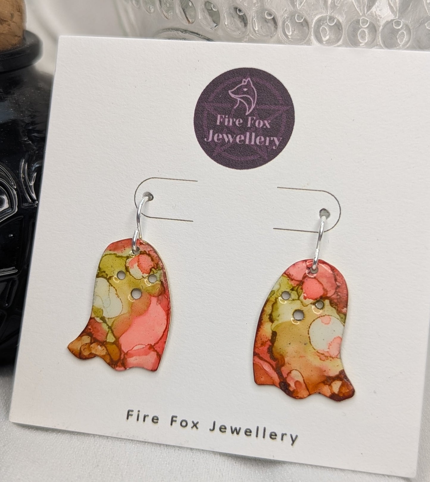 Enamel Ghost Earrings: Handmade Sterling Silver Hooks, Gothic Jewellery