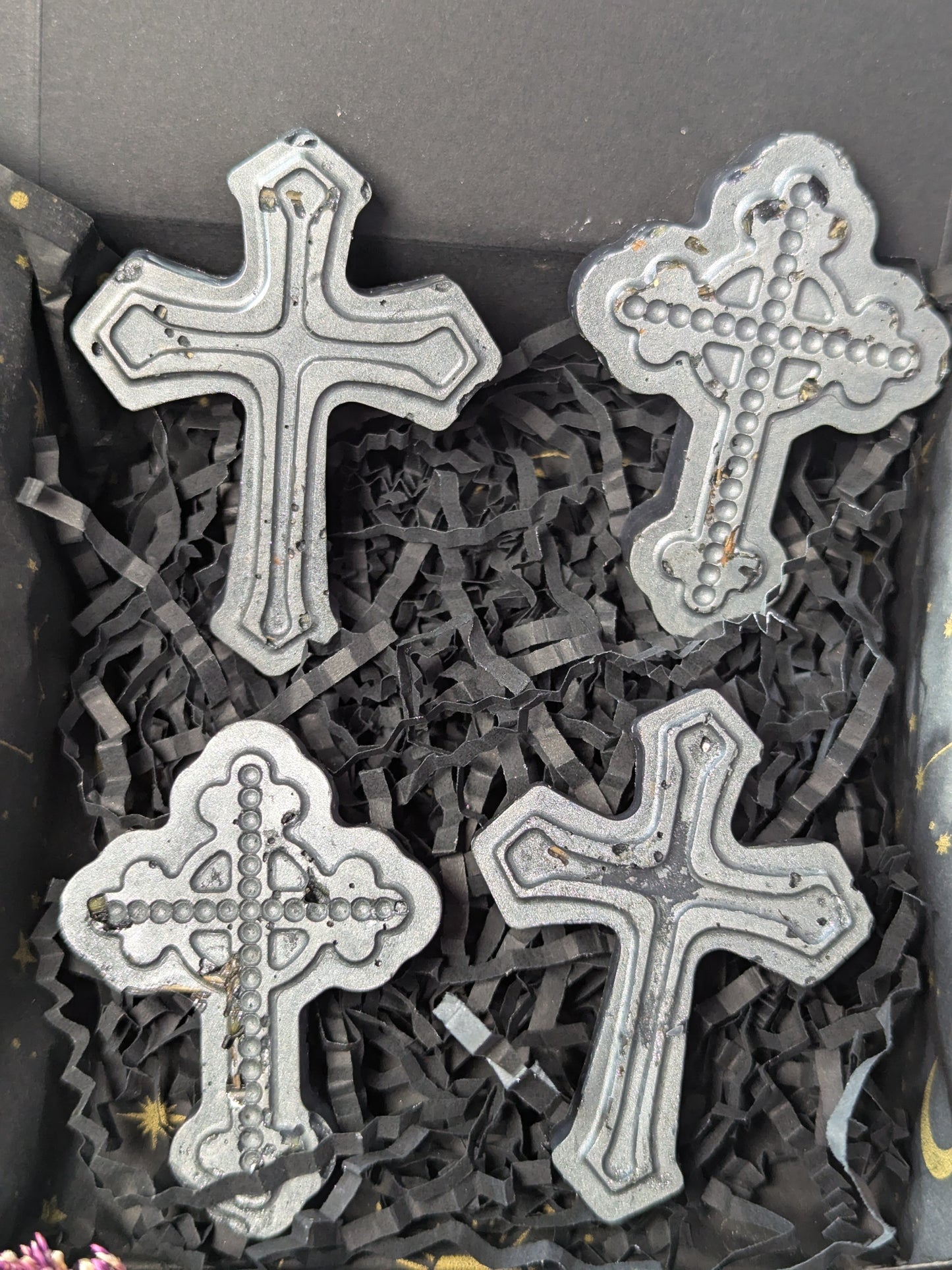 Witch's Benediction Wax Melts Gothic Cross Infused with Crystals Herbs Gift Set Includes Black Salt Selenite & Broom with Triple Goddess Charm Cleansing Set. Highly Scented with Tobakko & Vanilla