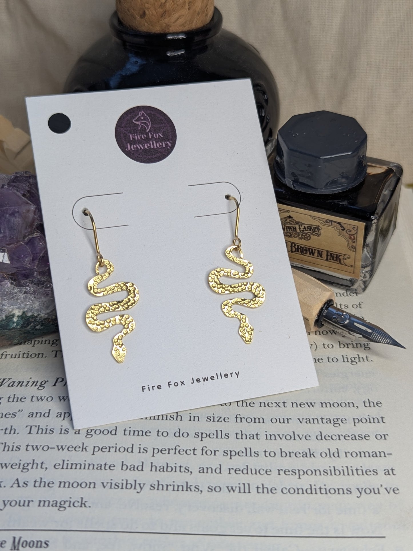 Hammered Brass Snake Earrings: Gothic Boho Serpent Jewellery