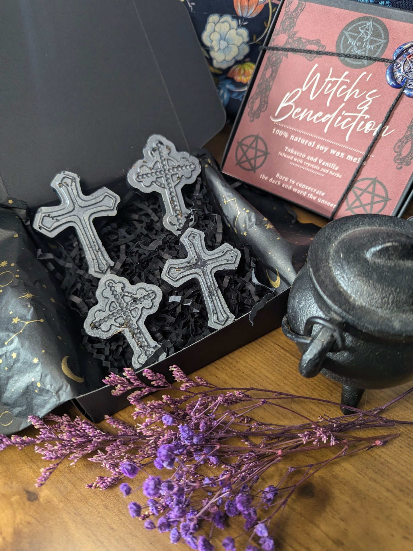 Witch's Benediction Wax Melts Gothic Cross Infused with Crystals Herbs Gift Set Includes Black Salt Selenite & Broom with Triple Goddess Charm Cleansing Set. Highly Scented with Tobakko & Vanilla