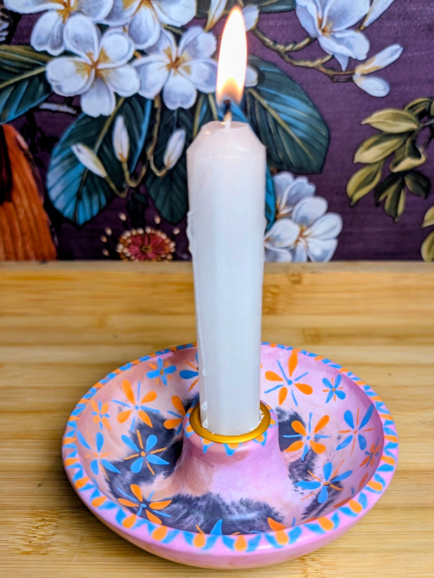 Folk Art Floral Ritual Candle Bowl Holder | Handmade Jesmonite Altar Candle Dish