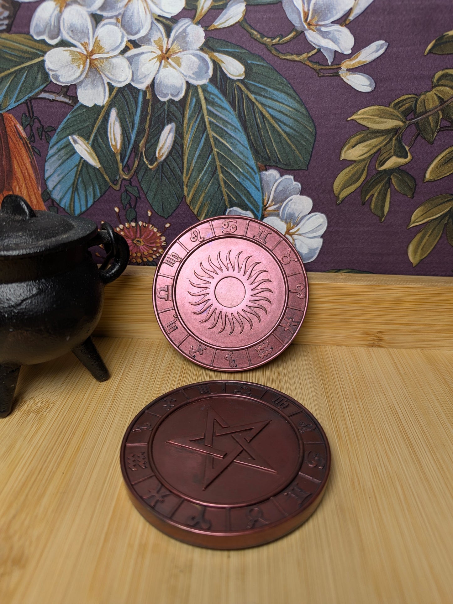 Sun & Pentagram Zodiac Coaster Set - Celestial Pair with 12 Zodiac Symbols Heat Resistant Finish 8.5cm Diameter Ideal for Altar Displays