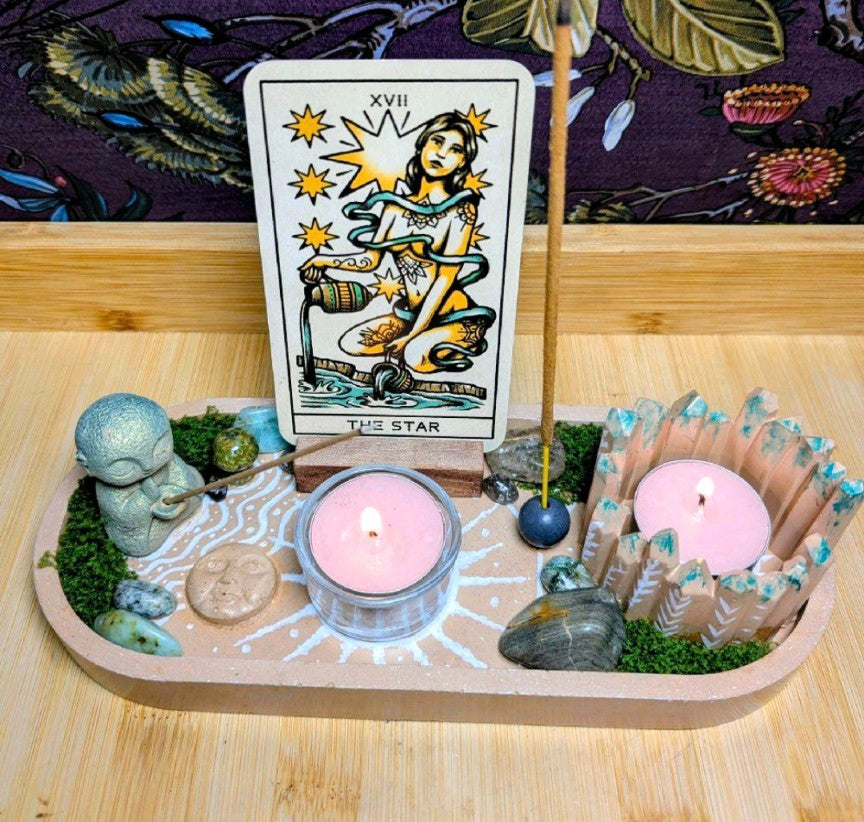 Zen Altar Tray, Tea light candle holders, incense stick holders and tarot card holder. Handcrafted terracotta jesmonite altar. Witchcraft Decor