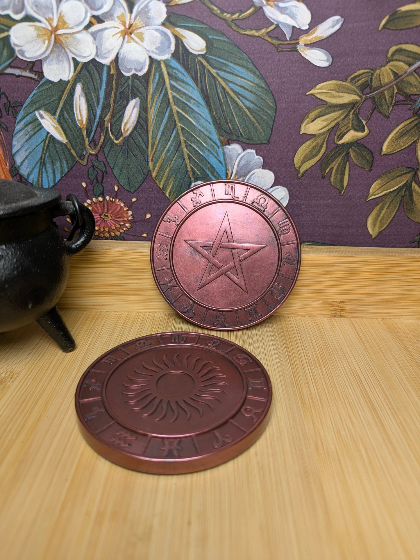Sun & Pentagram Zodiac Coaster Set - Celestial Pair with 12 Zodiac Symbols Heat Resistant Finish 8.5cm Diameter Ideal for Altar Displays