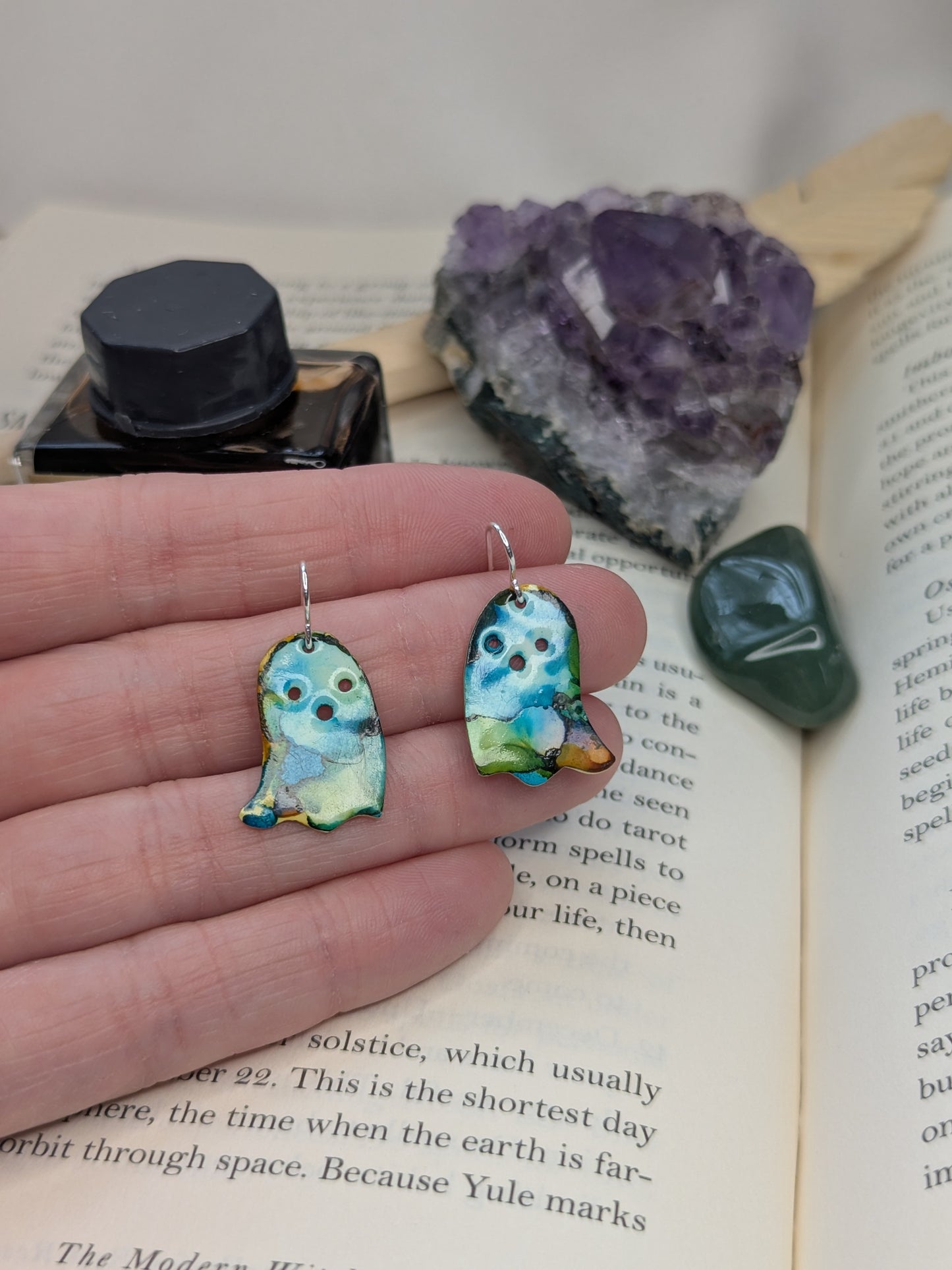 Enamel Ghost Earrings: Handmade Sterling Silver Hooks, Gothic Jewellery