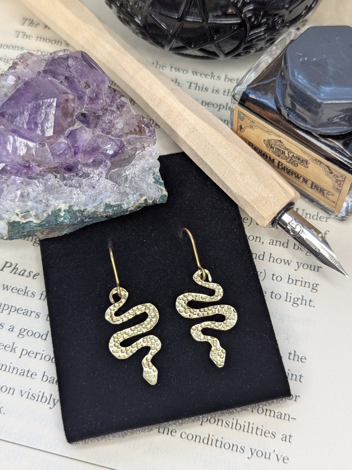 Hammered Brass Snake Earrings: Gothic Boho Serpent Jewellery