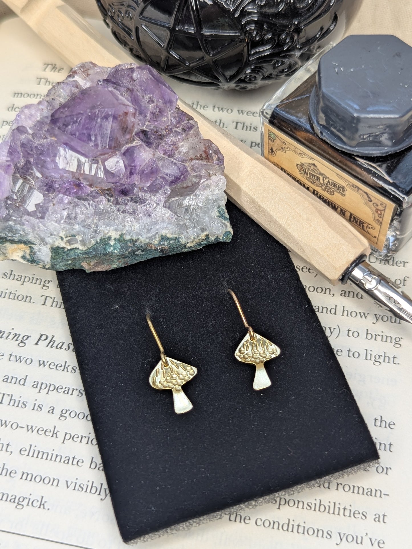 Gold Brass Mushroom Earrings: Hammered Parasol & Toadstool Design