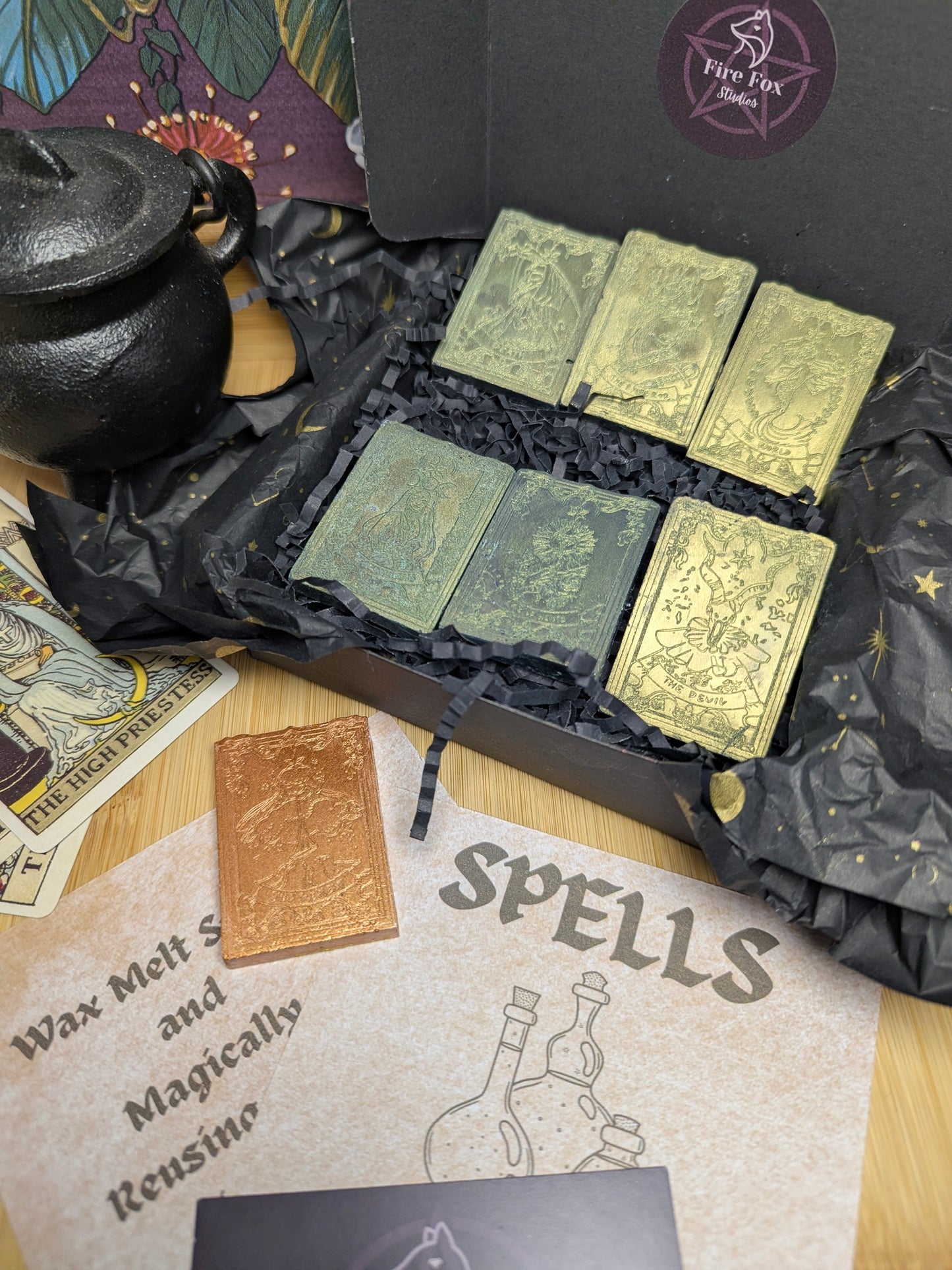 Ash & Arcana | Witchcraft Tarot Wax Melts. Highly Fragrance with Sandelwood and Amber. Includes one Bronze Limited Edition Jesmonite Tarot Card.