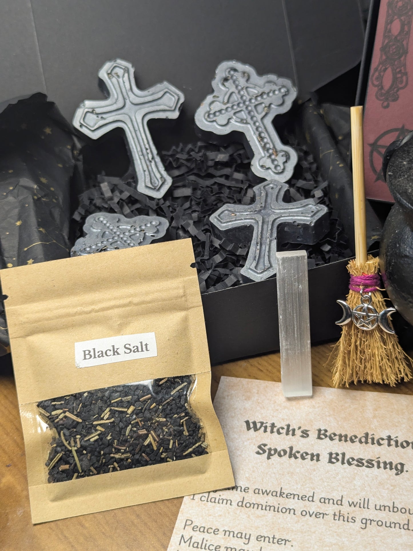 Witch's Benediction Wax Melts Gothic Cross Infused with Crystals Herbs Gift Set Includes Black Salt Selenite & Broom with Triple Goddess Charm Cleansing Set. Highly Scented with Tobakko & Vanilla