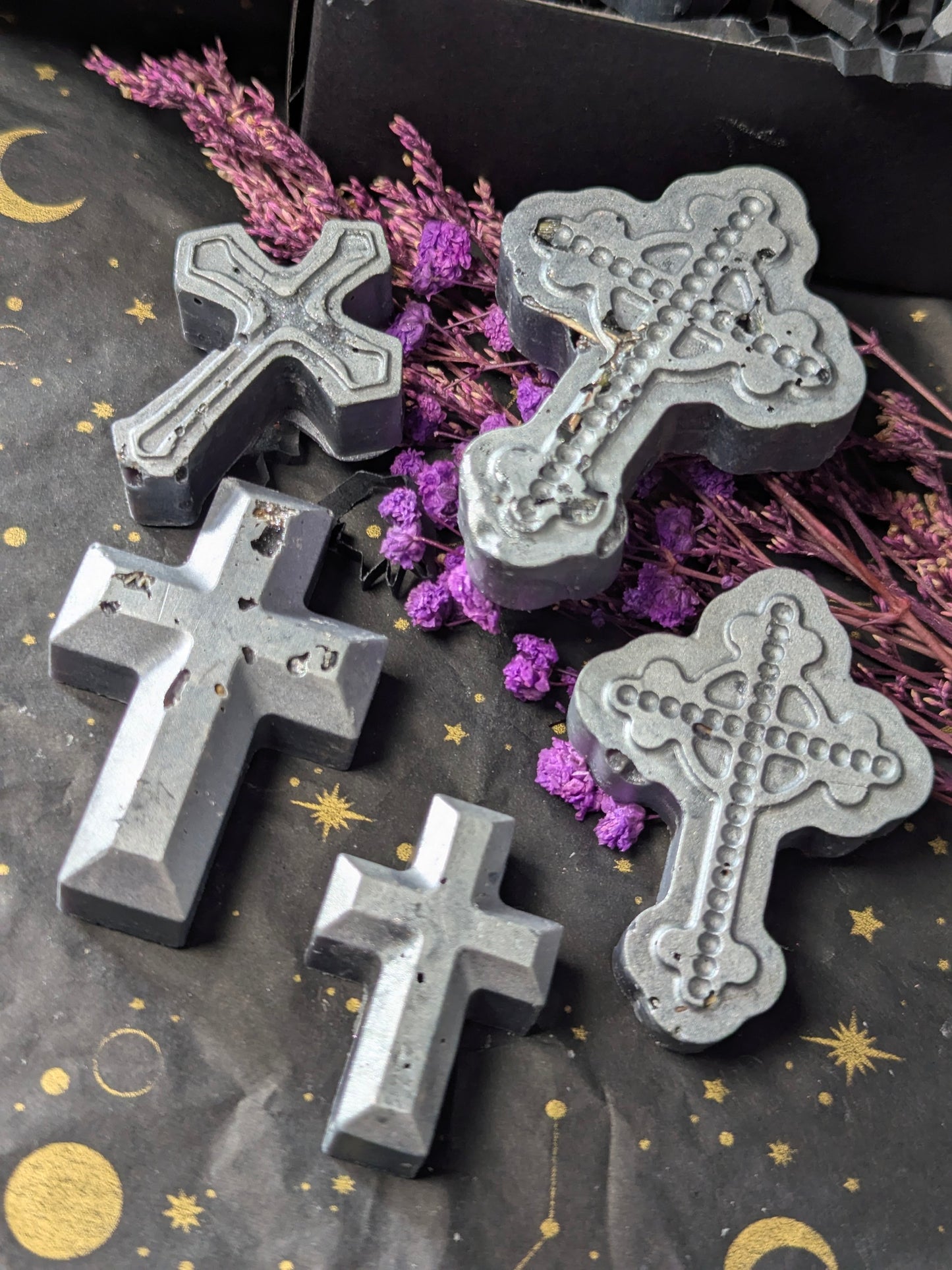 Witch's Benediction Wax Melts Gothic Cross Infused with Crystals Herbs Gift Set Includes Black Salt Selenite & Broom with Triple Goddess Charm Cleansing Set. Highly Scented with Tobakko & Vanilla