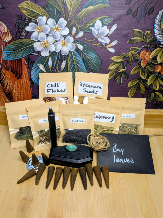 14 Night Habit-Breaking Ritual Kit Banish & Transformation Spell Set, New Moon to Full Moon with Wormwood, Rosemary, Vervain, Nettles, Chilli Flakes, Sycamore Seeds, Black Salt  Bay Leaves Incense & Coffin-Shaped Box for Spiritual Growth,