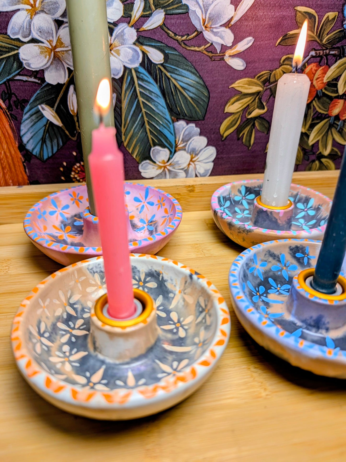Folk Art Floral Ritual Candle Bowl Holder | Handmade Jesmonite Altar Candle Dish