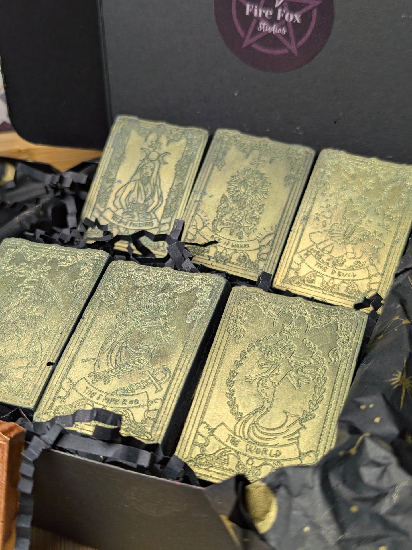 Ash & Arcana | Witchcraft Tarot Wax Melts. Highly Fragrance with Sandelwood and Amber. Includes one Bronze Limited Edition Jesmonite Tarot Card.