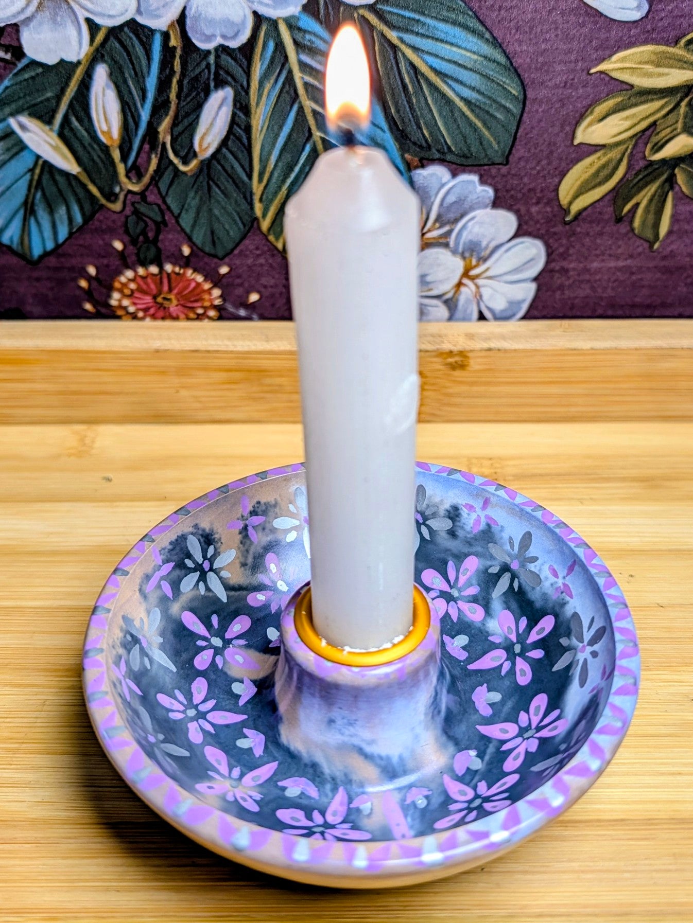 Folk Art Floral Ritual Candle Bowl Holder | Handmade Jesmonite Altar Candle Dish