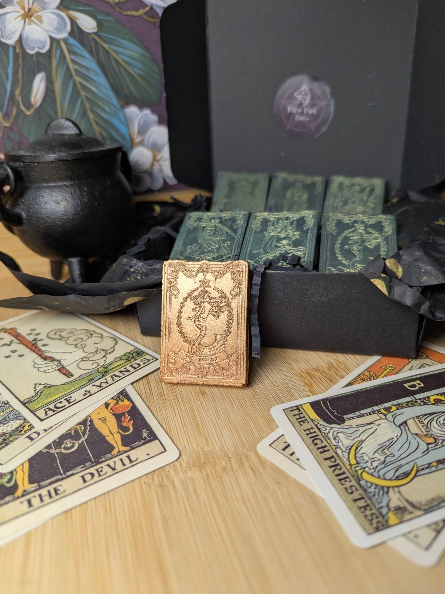 Ash & Arcana | Witchcraft Tarot Wax Melts. Highly Fragrance with Sandelwood and Amber. Includes one Bronze Limited Edition Jesmonite Tarot Card.