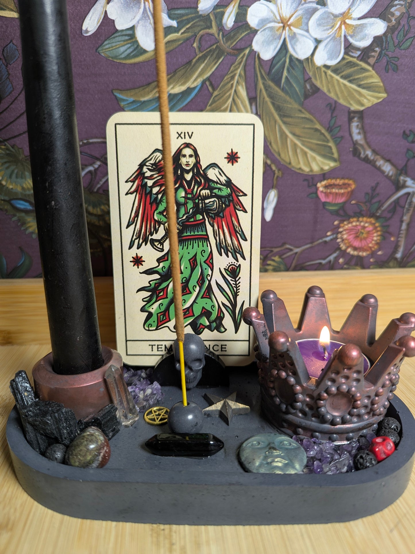 Dark Goddess Gothic Witchcraft Altar Crystal. Handmade Jesmonite Candle, Incense and Tarot Card Display with Vampire Candle, Sweet Dreams Candle & Incense