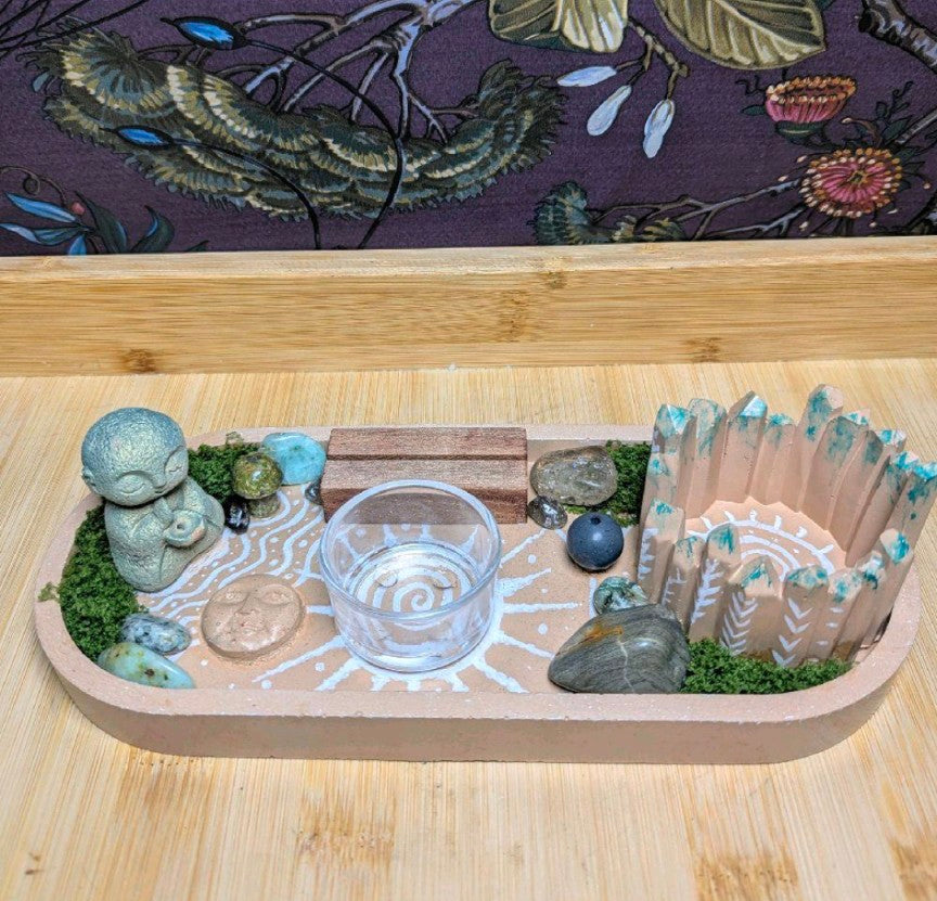 Zen Altar Tray, Tea light candle holders, incense stick holders and tarot card holder. Handcrafted terracotta jesmonite altar. Witchcraft Decor
