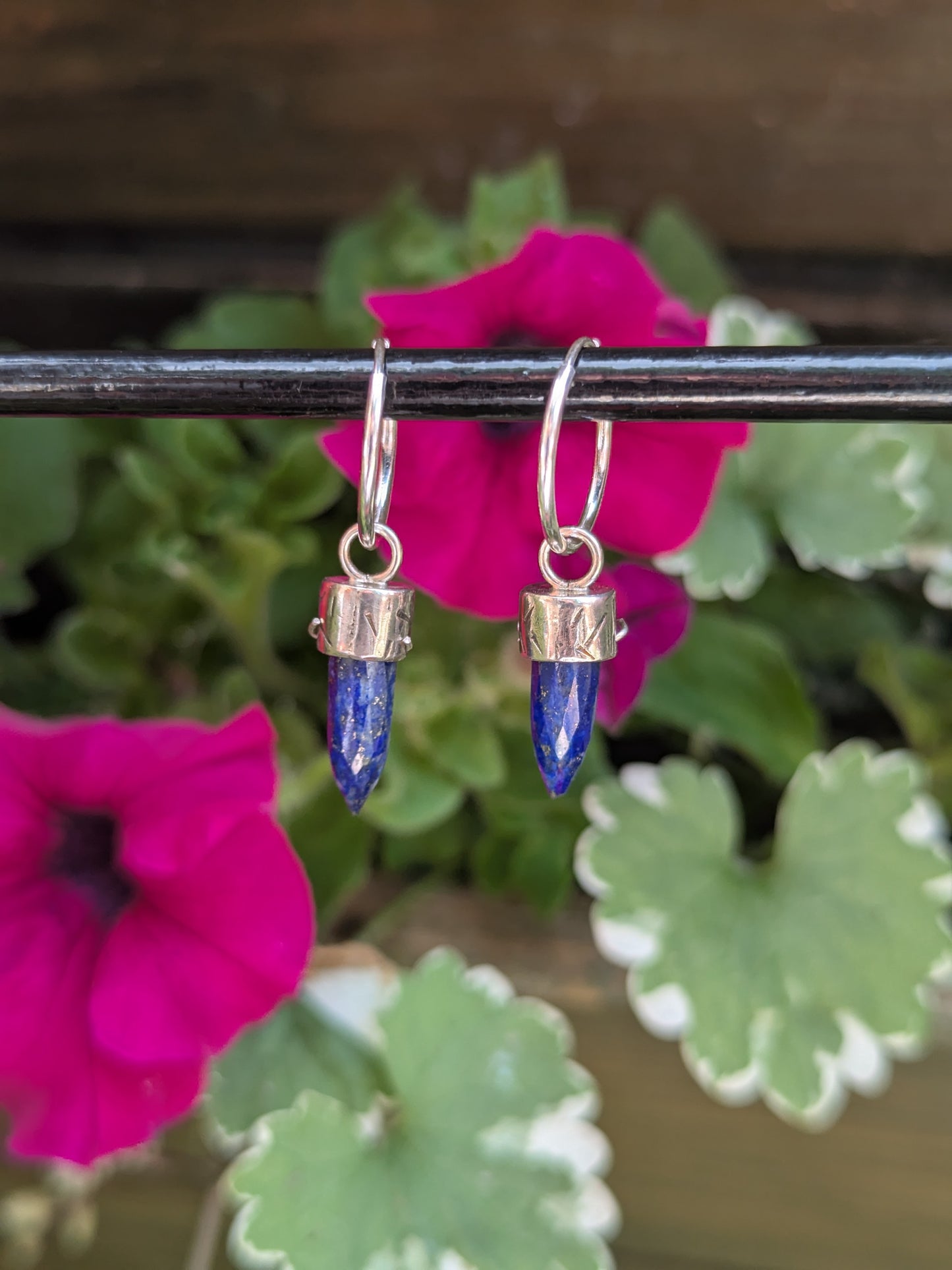 Lapis Lazuli Bullet Crystal Earrings — Sterling Silver Hoops for Truth & Inner Wisdom