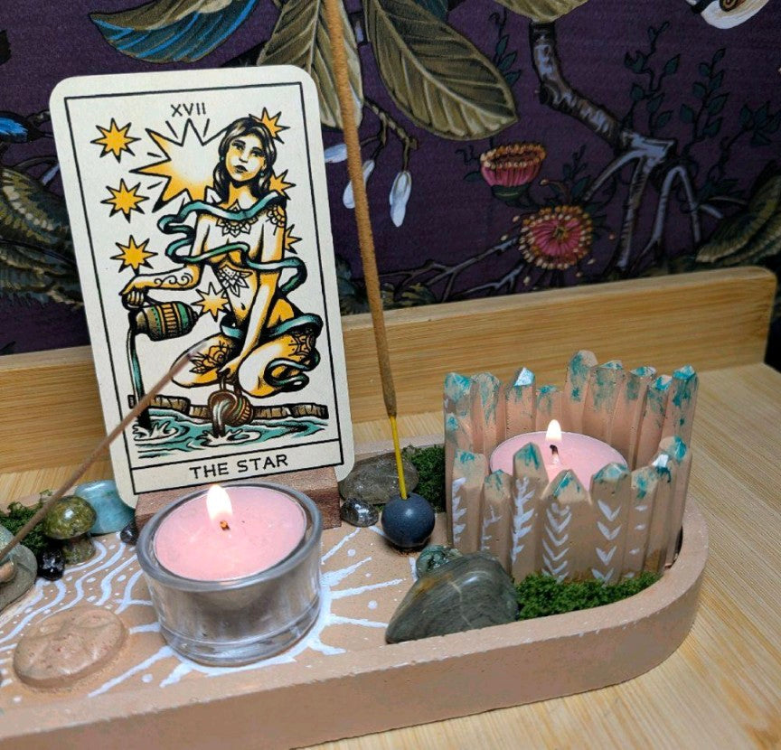 Zen Altar Tray, Tea light candle holders, incense stick holders and tarot card holder. Handcrafted terracotta jesmonite altar. Witchcraft Decor