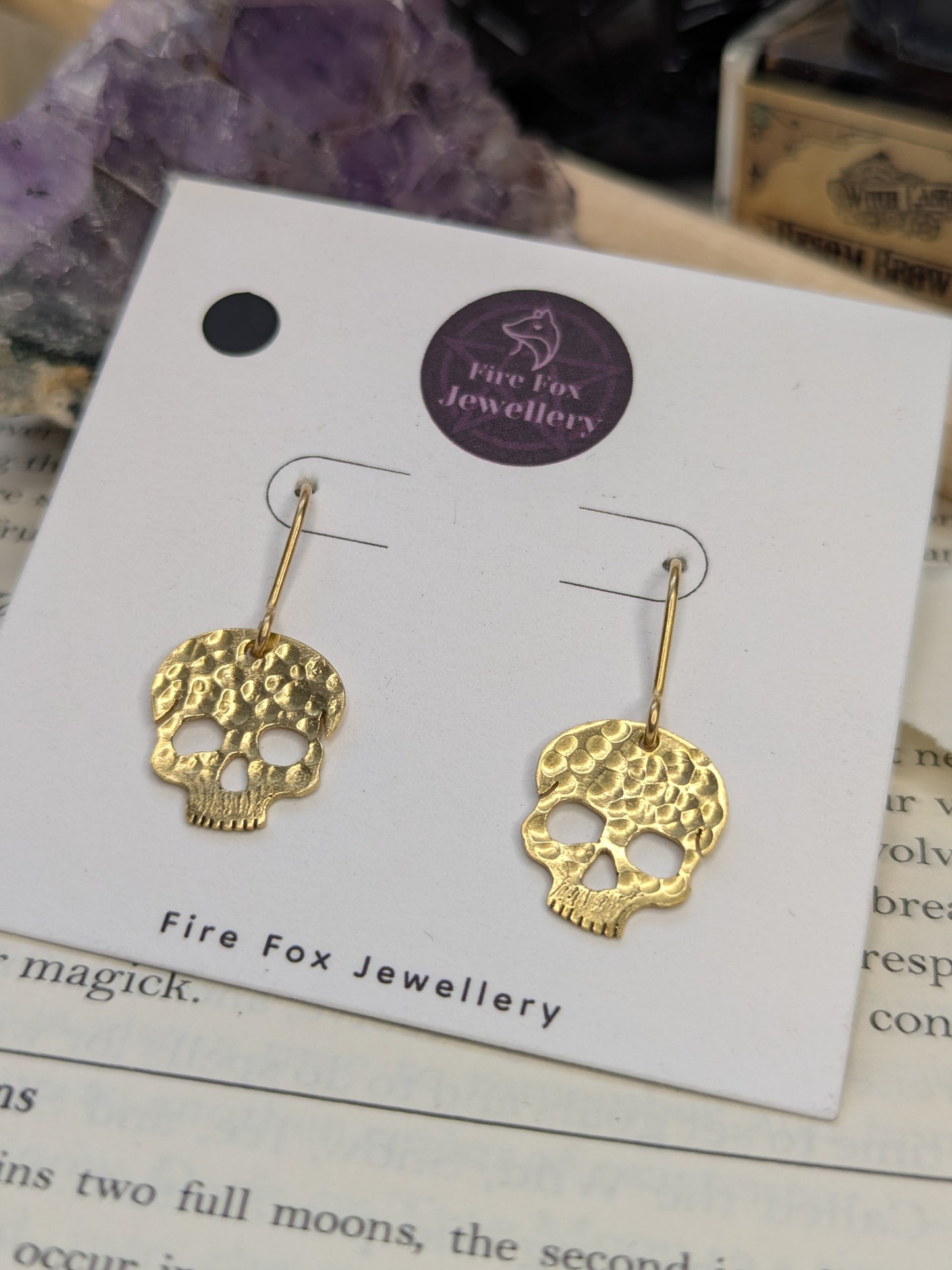 Hammered Brass Skull Earrings: with Gold Plated Hooks