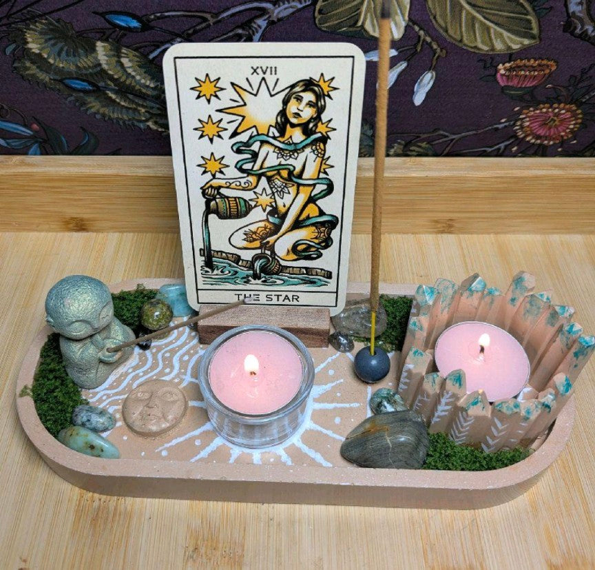 Zen Altar Tray, Tea light candle holders, incense stick holders and tarot card holder. Handcrafted terracotta jesmonite altar. Witchcraft Decor